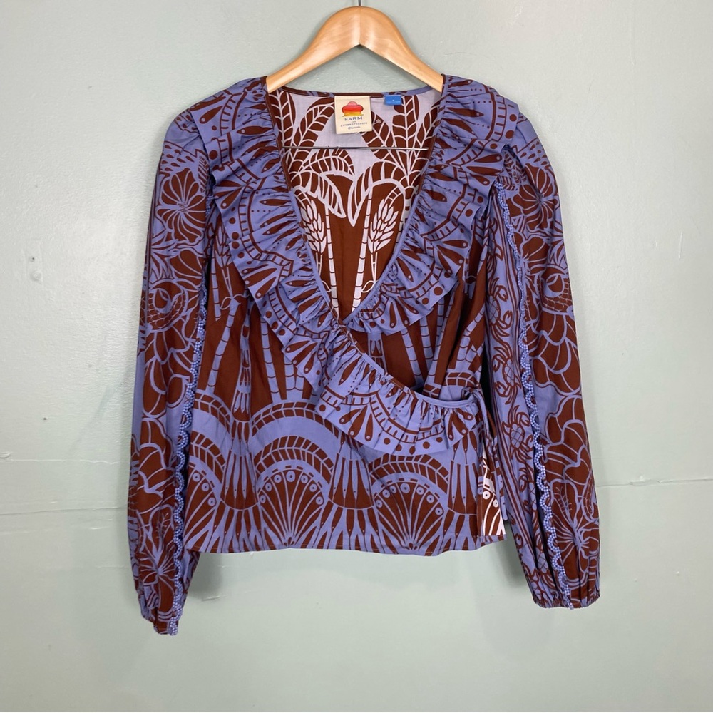 Anthropologie Farm Rio Ruffle Blue Brown Blouse‎ Wrap Top Sz Small
